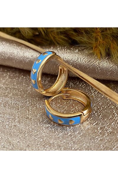 Markiz Takı Blue Heart Pattern Hoop Earrings (Inner Diameter 1.5 Cm)