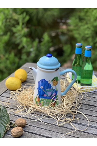 Handmadesign Kapaklı El Yapımı Seramik Sürahi Yaz Temalı Mavi Şezlong