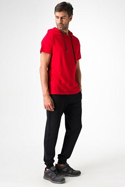 Runever Red Hooded Short Sleeve Oversize Men's Sweatshirt 25883