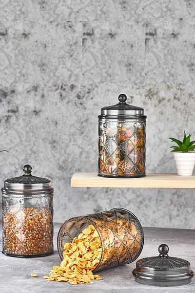 Hane 3-Piece Barocco Acrylic Smoked Jar & Storage & Spice Bowl Set 20.5cm
