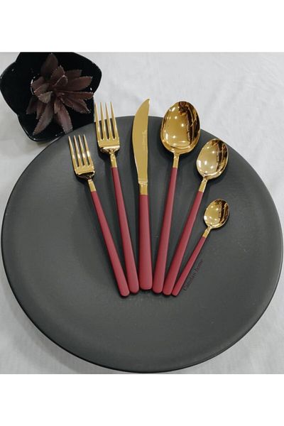 BRONDOFF Bahama 36 Piece Red Titanium Gold Fork Spoon Knife Set