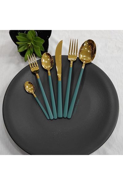 BRONDOFF Lilyum 36 Piece Green Titanium Gold Fork Spoon Knife Set