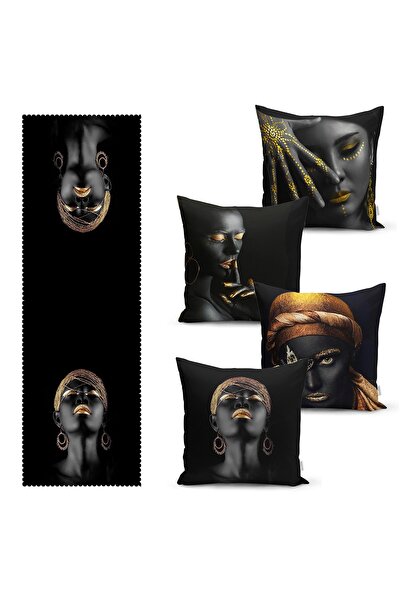 Realhomes Siyahi Arap Kadın Tasarımlı 4 Kırlent Kılıfı Ve 1 Runner Seti