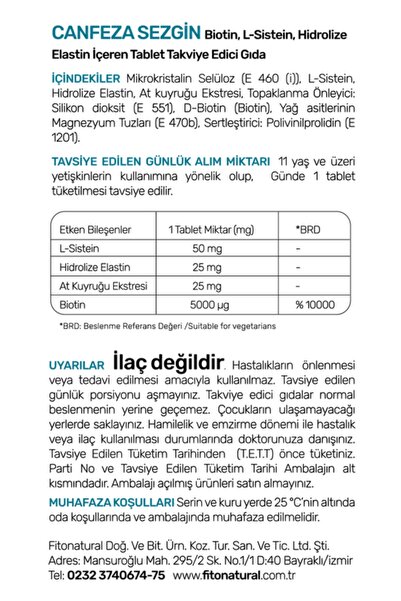 Canfeza Sezgin BIOTIN 60 Tablet 5000 µg L-Sistein & Hidrolize Elastin & At Kuyruğu Ekstresi
