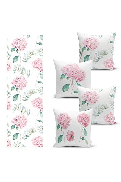 Realhomes Fundal alb Motiv cu flori de hortensie Set de 4 huse de pernă și 1 pasaj