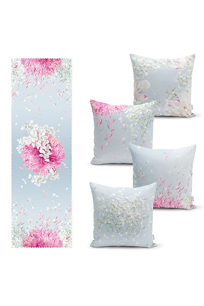 Realhomes Blue Floor Hydrangea Flower Design Set de 4 huse de pernă și 1 alergător