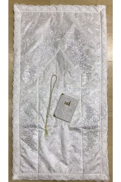 Lamazihome Cream Luxury Floral French Laced Velvet Prayer Mat Dowry Box 3 Pieces