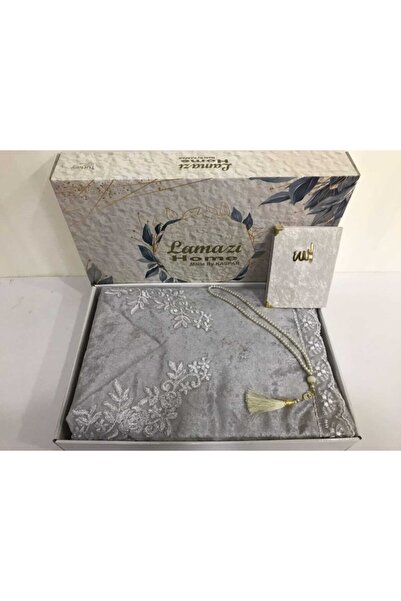 Lamazihome Gri 3 Parça Kadife Fransız Güpürlü Çeyizlik Gelin Damat Seccade