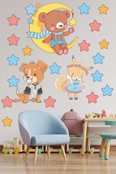 Sevimli Minik Hayvanlar ve Yıldızlar Duvar Sticker Seti