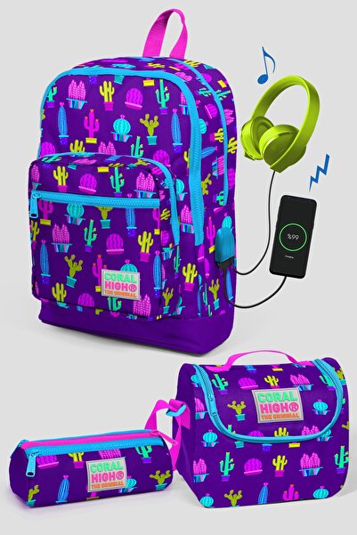 Coral High Kids Mor Kaktüs Desenli Dört Bölmeli Usb Şarjlı Kulaklık Çıkışlı 3...