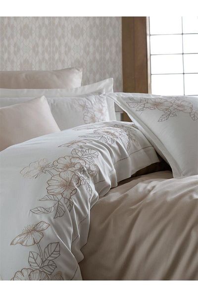 Dantela Hare Beige Colored Double Cotton Satin Duvet Cover Set