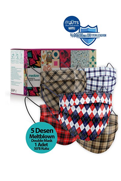Medizer Meltblown 5 Farklı Ekose Desenli Cerrahi Maske 50 Adet - Telli