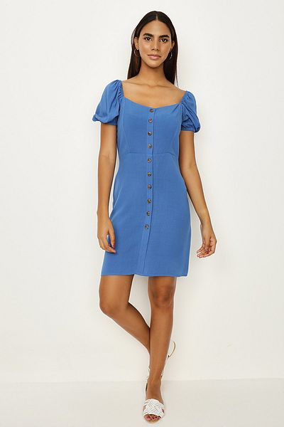 Select Moda Rochie de damă albastră cu mâneci tip balon cu nasturi