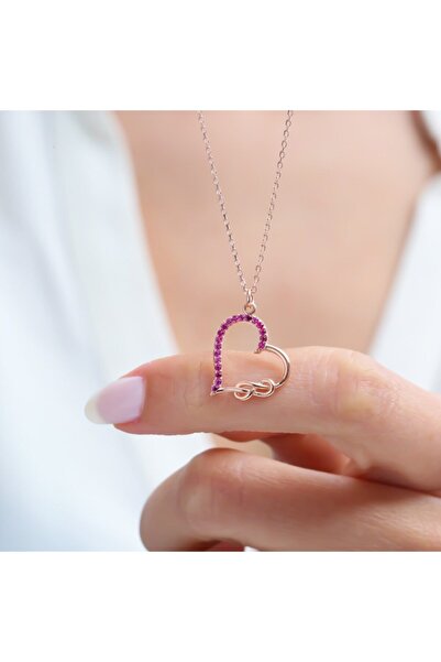 Mia Vento Fuşya Taşlı Sonsuz Kalp Bağı Rose Renk Gümüş Kolye