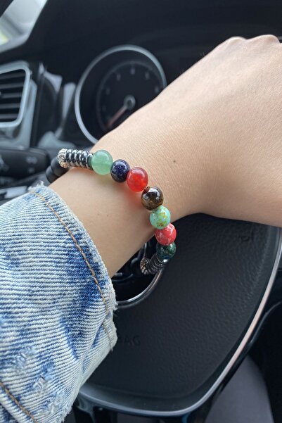 axexuar 7 Chakra Natural Stone Chakra Balance Bracelet Onyx, Turquoise, Aventurine, Tiger Eye, Agate, Azurite, Quartz,