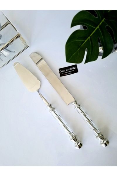 CASA DE BELLA 2 Piece Crystal Patterned Silver Handle Cake Serving Set