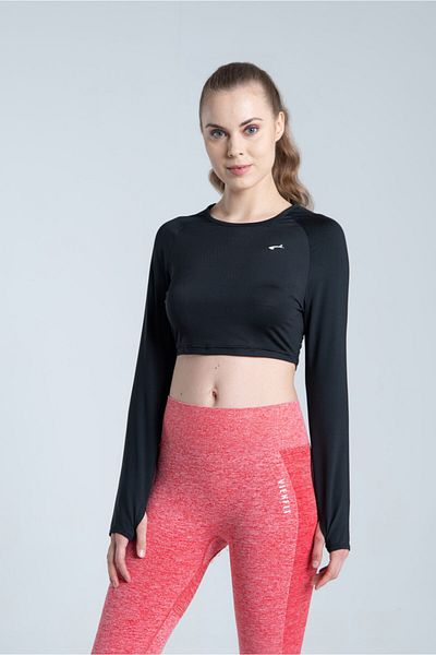 Vienfit تيشيرت رياضي بأكمام طويلة للسيدات - توب قصير للتمرين أسود