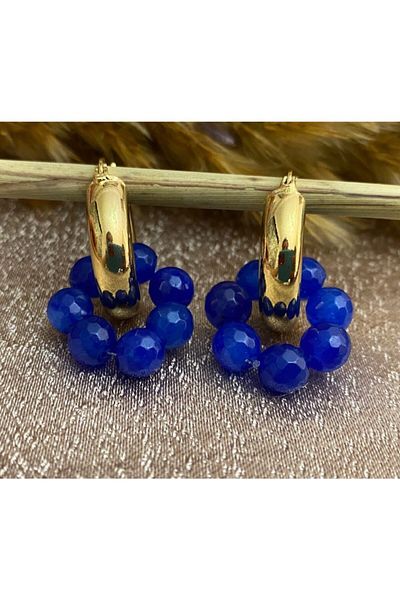 Markiz Takı Steel Ring - Natural Stone Earrings (Inner Diameter 1.5 Cm) Navy Blue