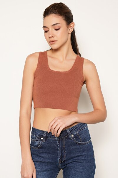 Trist Star Kıremıt 100% Organic Cotton Lycra Crop Square Collar Knitwear Athl...