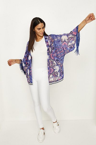 Select Moda Women's Blue Patterned Tassel Kimono