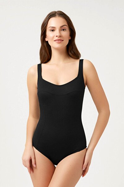 Kom Kadın Siyah Dokulu Toparlayıcı Mayo