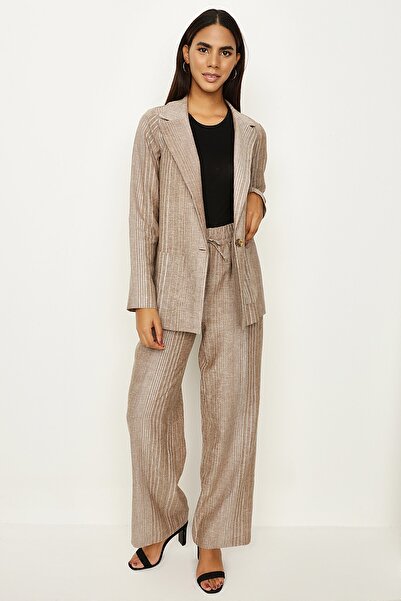 Select Moda Kadın Kahverengi Çizgili Keten Ceket