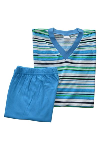 Nur Aka by Nurteks Men's Turquoise Striped V-Neck Large Size Pajama Set