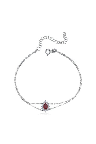 Mia Vento Kadın Kırmızı Pırlanta Montür Sentetik Damla Yakut Gümüş Bileklik