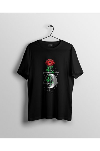 karikatürstore Unisex Black Rose Printed Tshirt with Secret Moon