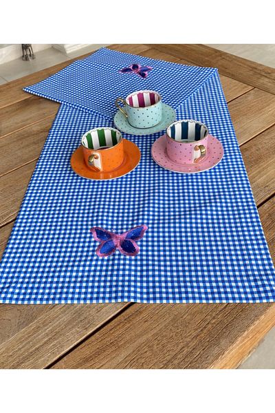 Ezem Runner brodat cu fluture Gingham albastru închis