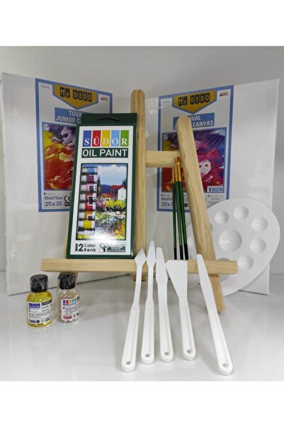 Südor Yagli Boya Seti + 2 Tuval + 12 Renk Boya + Palet + Plastik Spatula 5 Li
