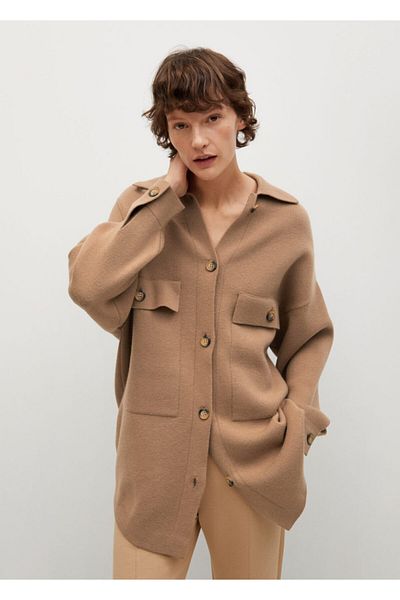 MANGO Woman Dámský středně hnědý pletený svetr na knoflíky