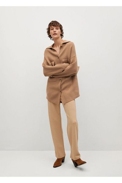 MANGO Woman Dámský středně hnědý pletený svetr na knoflíky