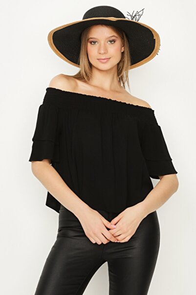 Select Moda Kadın Siyah Carmen Yaka Bluz