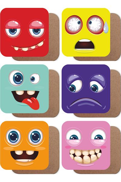Hayat Poster Set of 6 Wooden Coasters with Emoji Design