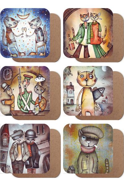 Hayat Poster Drunken Cats Illustration Set of 6 Wooden Coasters
