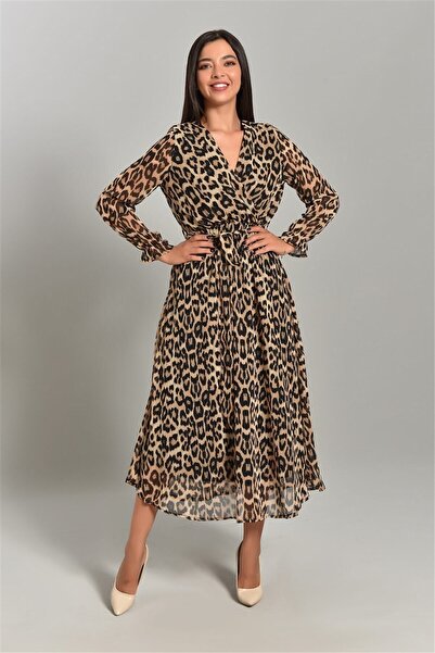 sarebutik Women's Double Breasted Collar Leopard Print Chiffon Plus Size Dress
