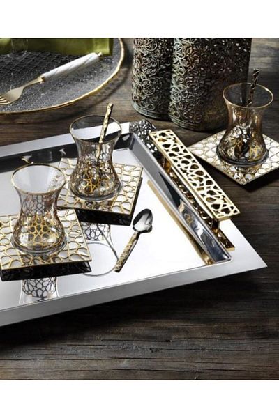 ÖzSa Home Islamoğlu 37 Piece Seljuk Gold Tea Set 18/10 Stainless Steel