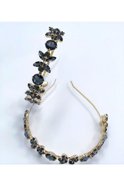 QUEEN AKSESUAR Πολυτελής καπνιστή γκρι μαύρη κρυστάλλινη πέτρα με λουλούδια χρυσό μεταλλικό στέμμα γυναικεία παιδική κορώνα