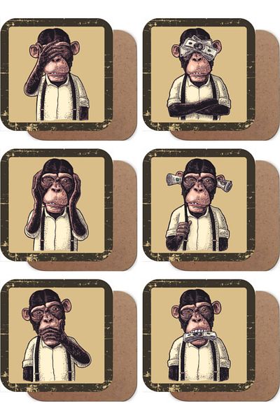Hayat Poster Three Money Monkeys Set of 6 Wooden Coasters