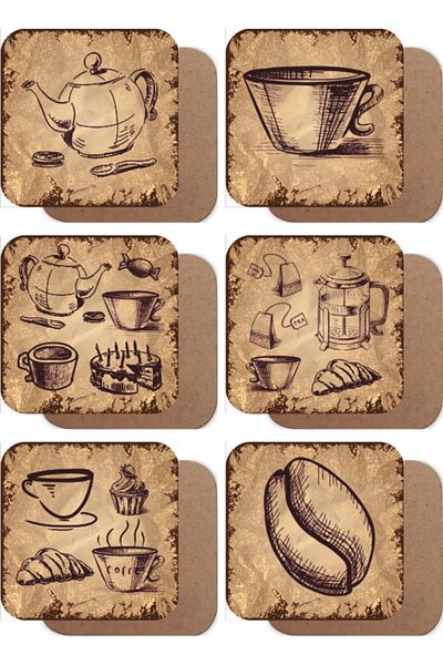 Hayat Poster Set of 6 Wooden Coasters with Coffee Drawings in Aged Retro Vintage Style
