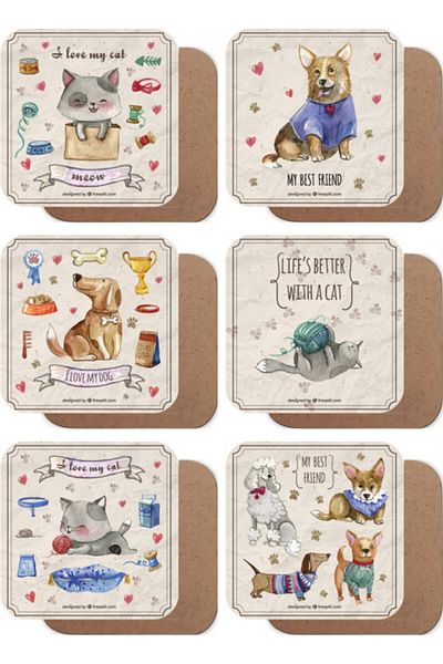 Hayat Poster Cats And Dogs Set Of 6 Retro Wooden Coasters