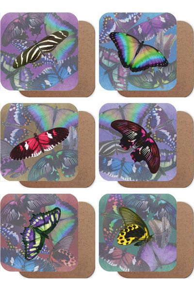Hayat Poster Butterflies And Flowers Set Of 6 Wooden Coasters