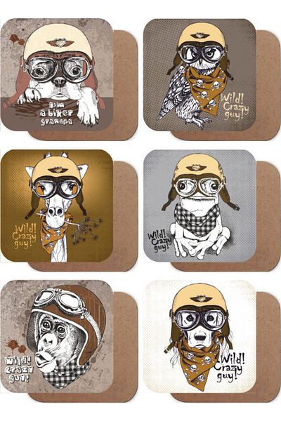 Hayat Poster Cute Animals, Biker Hooks Set of 6 Wooden Coasters