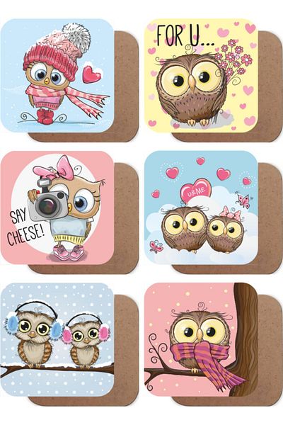 Hayat Poster Cute Owls Set of 6 Wooden Coasters