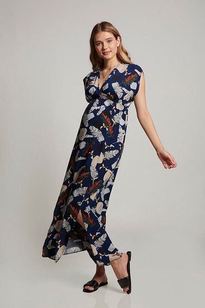 LYN MAMA JACOP Double Breasted Collar Breastfeeding Feature Patterned Slit Navy Blue Maternity Dress