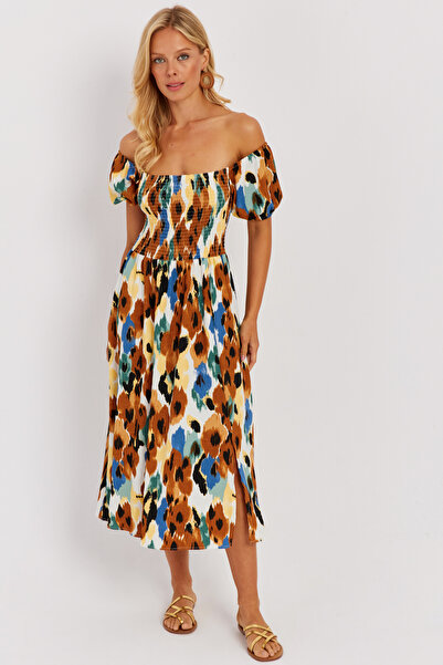 Cool & Sexy Dámské velbloudí šaty midi s elastickým vzorem MON126