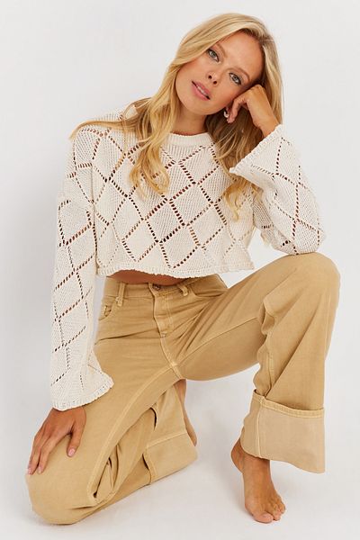 Cool & Sexy Women's Ecru Openwork Short Knitwear Blouse YZ628