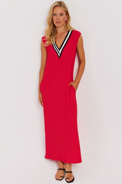 Cool & Sexy Women's Red V-Neck Blocked Maxi Dress EY2779