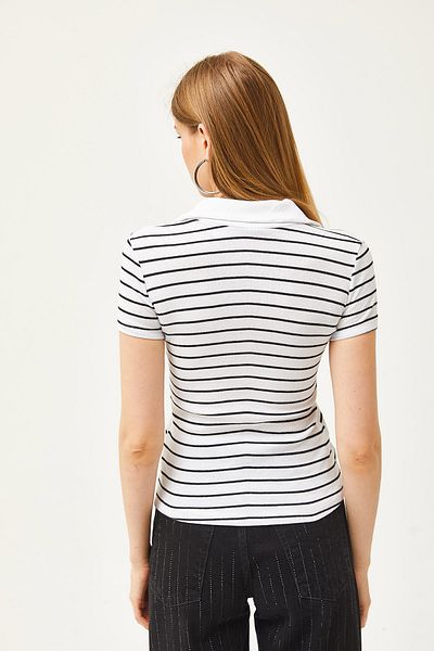 Olalook Bluză tricotată cu guler polo cu dungi albe pentru femei BLZ-19002563
